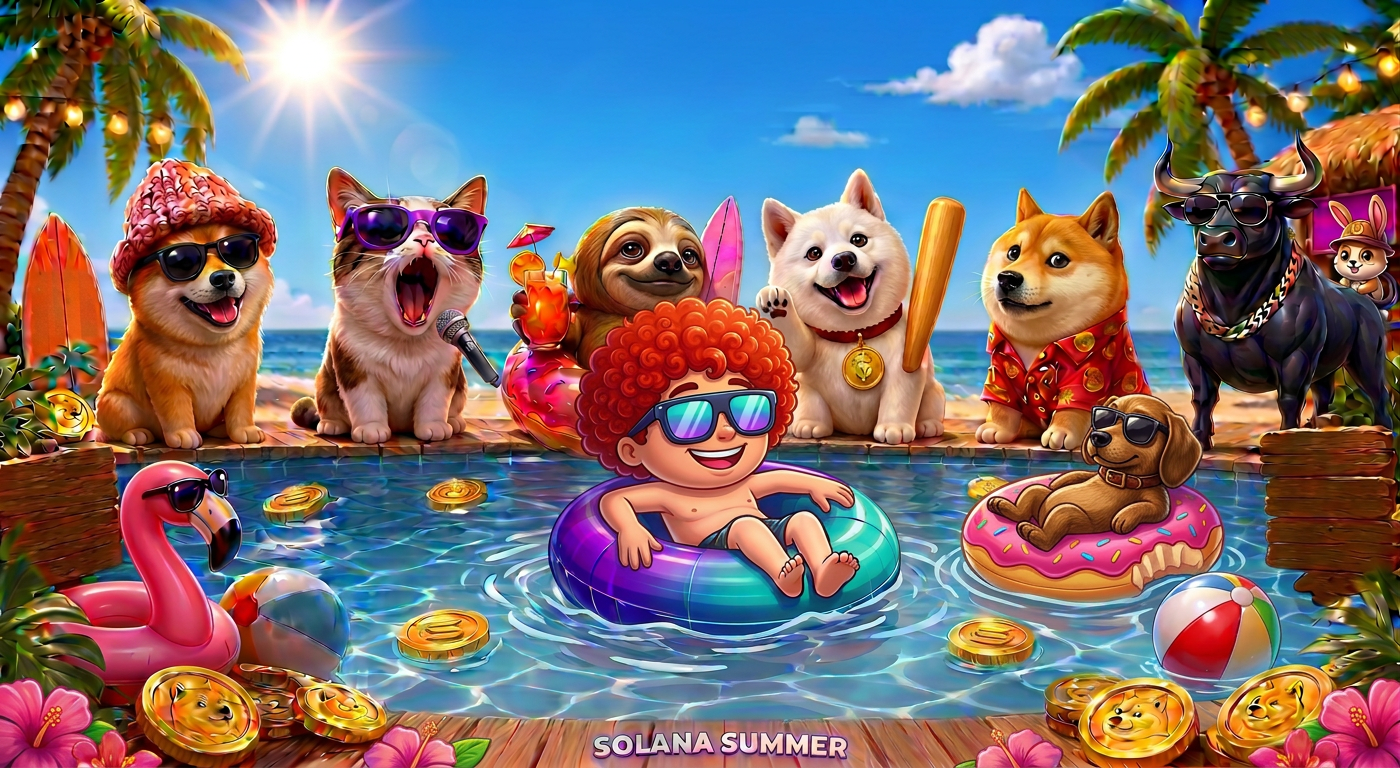 Solana Summer meme characters playing beside the pool