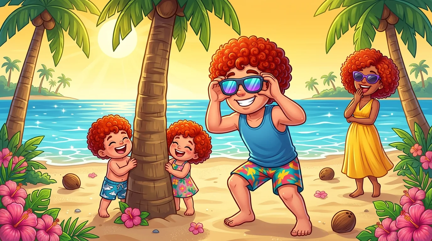 AUVYRA, AURELI and their children playing hide and seek beneath coconut trees