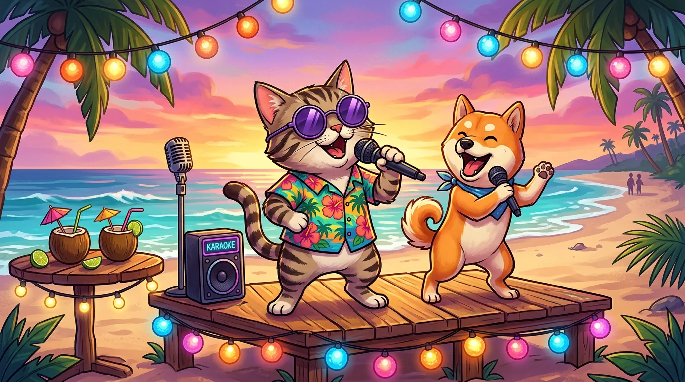 Cat and Bonk singing karaoke on a summer beach