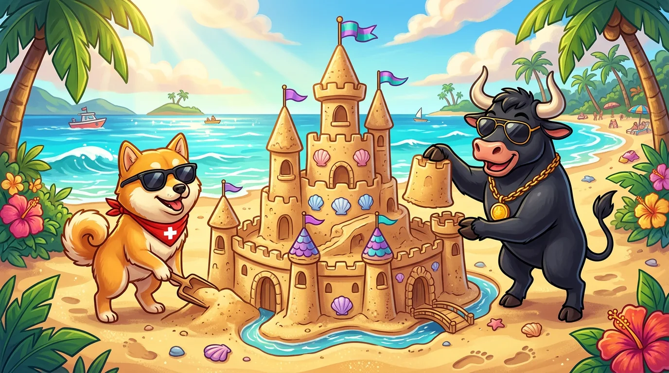 Doge and Black Bull building a summer sandcastle