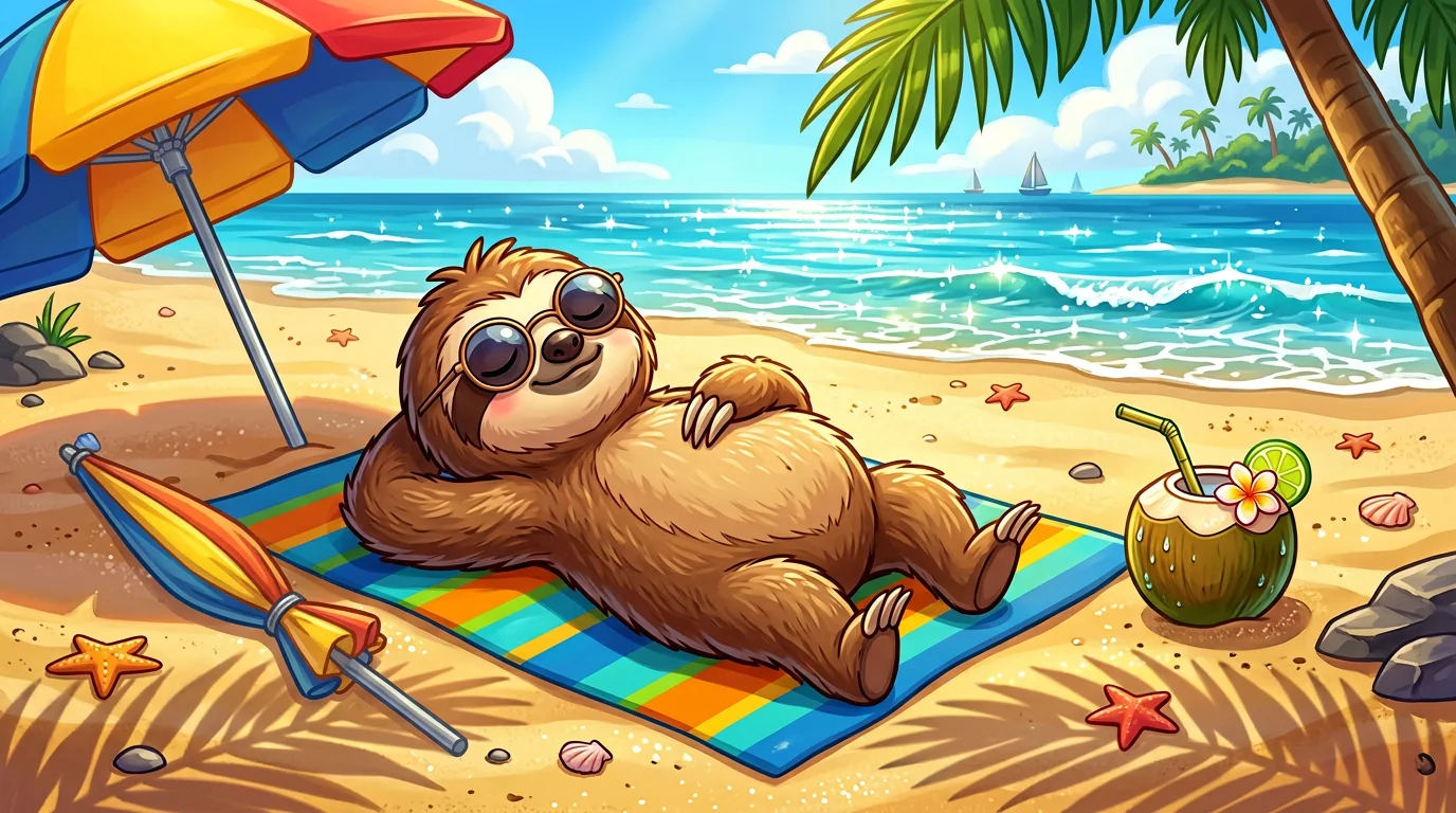 Slerf the sloth sunbathing on the beach